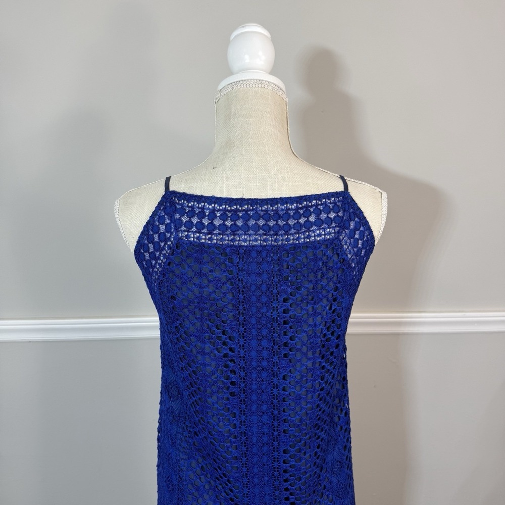 VINCE SLEEVELESS CROCHET LACE SILK LINED  MIDI DRESS SZ 4 BLUE Classy City - Picture 6 of 15